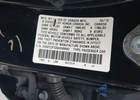 2016 Honda Civic Lx из США, поврежденный, VIN 2HGFC2F53GH549442